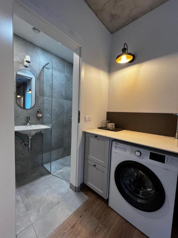 Tilžės Studio Apartments - private bathroom with walk-in shower and washing machine